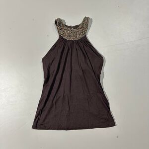 Y2K-Style Brown Beaded Halter Top with Shelf Bra